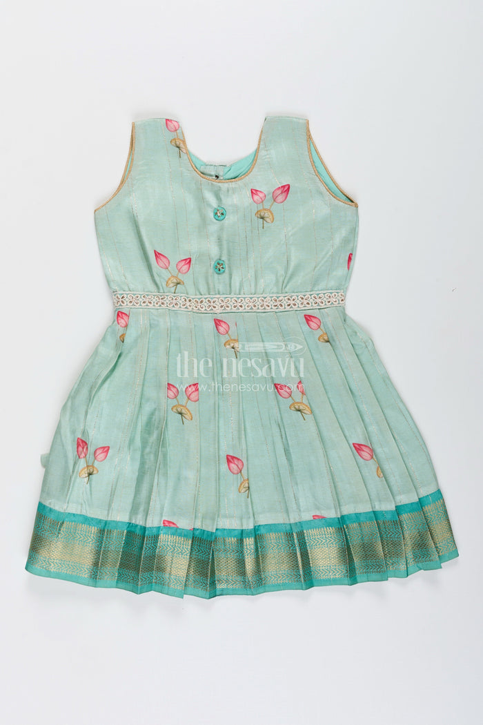 The Nesavu Silk Frock Toddler girl semi silk frock for weddings and cultural events Nesavu 18 (2Y) / Cream SF1066A-18 Nesavu pastel green semi silk frock toddler girls zari border floral accents