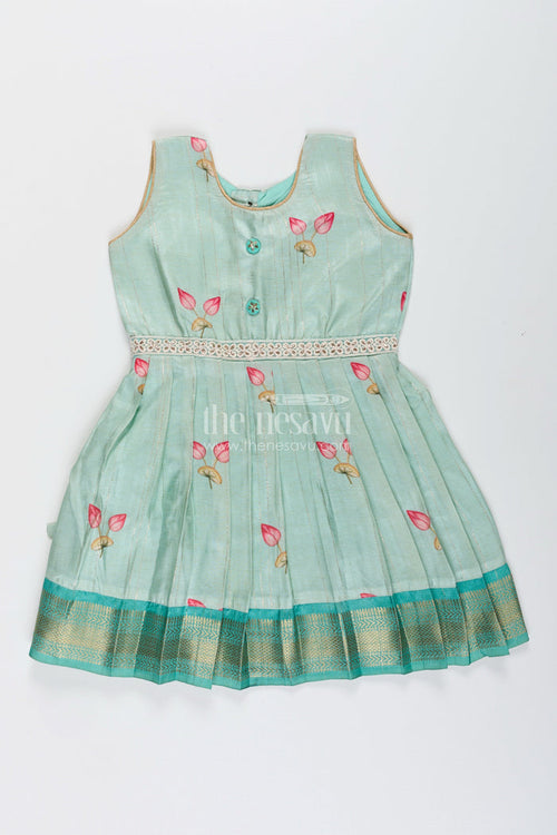 The Nesavu Silk Frock Toddler girl semi silk frock for weddings and cultural events Nesavu 18 (2Y) / Cream SF1066A-18 Nesavu pastel green semi silk frock toddler girls zari border floral accents