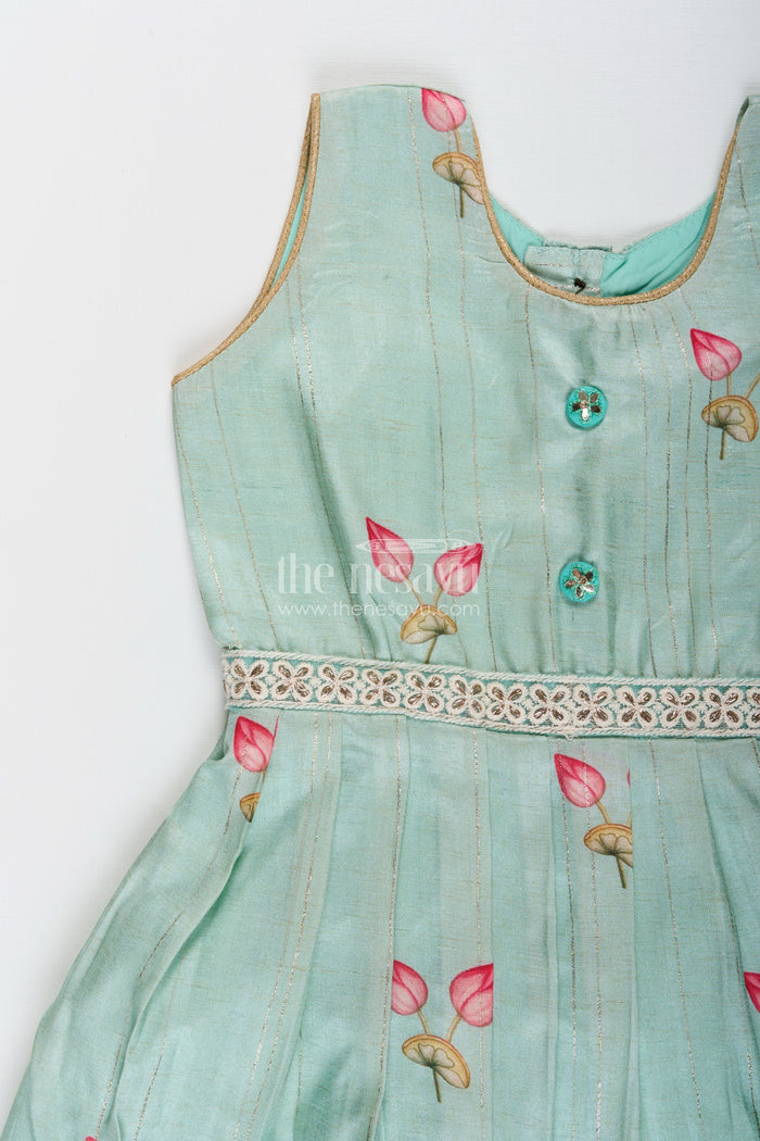 The Nesavu Silk Frock Toddler girl semi silk frock for weddings and cultural events Nesavu Nesavu pastel green semi silk frock toddler girls zari border floral accents