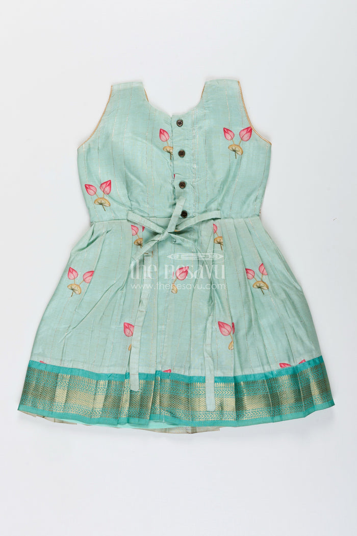 The Nesavu Silk Frock Toddler girl semi silk frock for weddings and cultural events Nesavu Nesavu pastel green semi silk frock toddler girls zari border floral accents