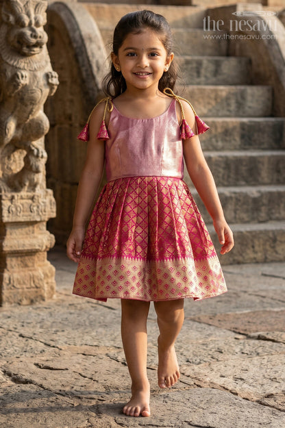 The Nesavu Tie-up Frock Toddler Girl Silk Frock with Banarasi Border for Festive Family Events Nesavu 16 (1Y) / Pink / Banarasi T427A-16 Nesavu toddler girl banaras silk frock with tie-up straps and zari border for celebrations