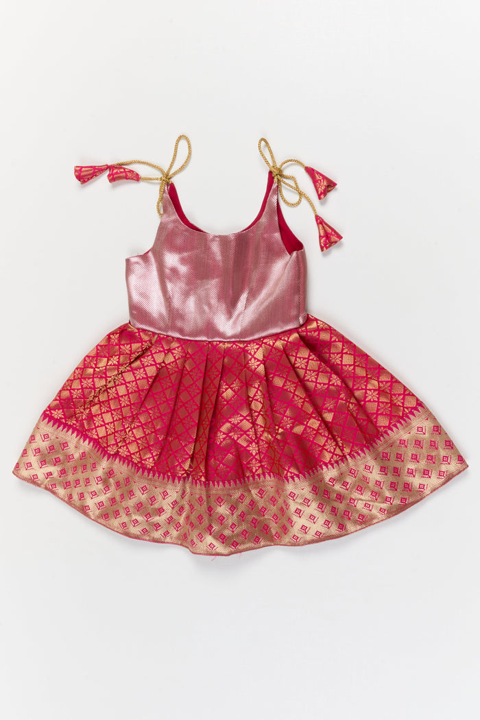 The Nesavu Tie-up Frock Toddler Girl Silk Frock with Banarasi Border for Festive Family Events Nesavu 16 (1Y) / Pink / Banarasi T427A-16 Nesavu toddler girl banaras silk frock with tie-up straps and zari border for celebrations