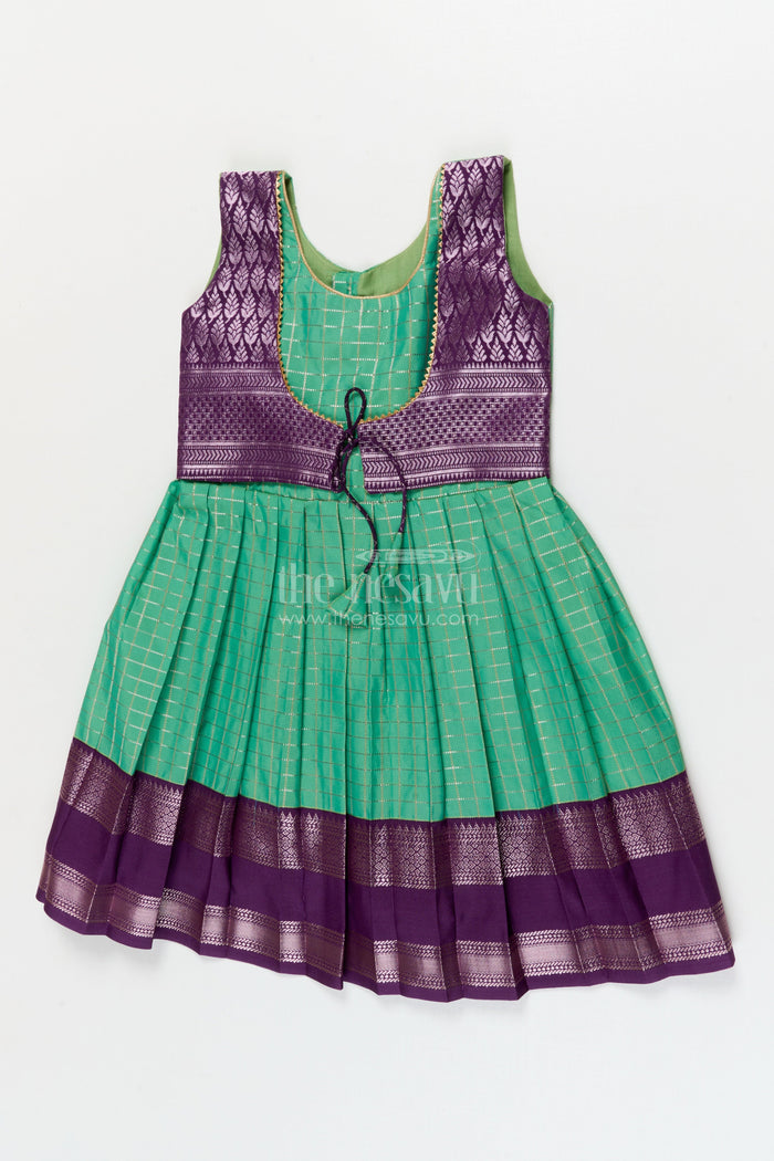 The Nesavu Girls Kanchi Silk Frock Toddler Girl Silk Frock with Bridal Saree Style for Weddings and Festivals Nesavu 10 (NB) / Green / style 2 KSF003BB-10 Nesavu toddler girl silk frock with Dharmavaram bridal saree inspired zari border design