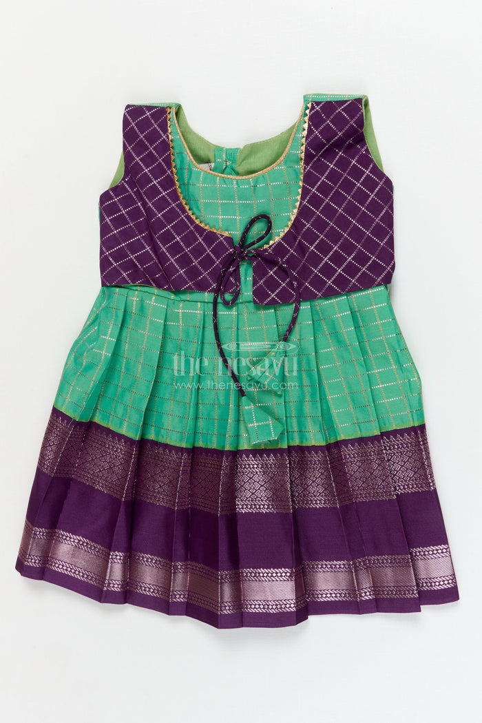 The Nesavu Girls Kanchi Silk Frock Toddler Girl Silk Frock with Bridal Saree Style for Weddings and Festivals Nesavu 10 (NB) / Green / style 4 KSF003BD-10 Nesavu toddler girl silk frock with Dharmavaram bridal saree inspired zari border design