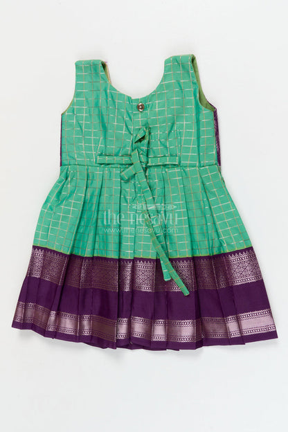 The Nesavu Girls Kanchi Silk Frock Toddler Girl Silk Frock with Bridal Saree Style for Weddings and Festivals Nesavu Nesavu toddler girl silk frock with Dharmavaram bridal saree inspired zari border design