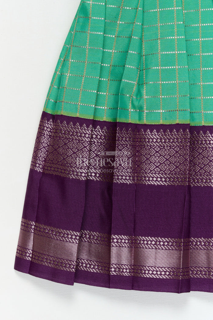 The Nesavu Girls Kanchi Silk Frock Toddler Girl Silk Frock with Bridal Saree Style for Weddings and Festivals Nesavu Nesavu toddler girl silk frock with Dharmavaram bridal saree inspired zari border design