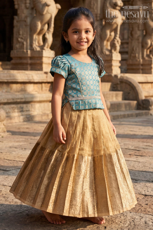 Toddler Girl Tissue Silk Pattu Pavadai with Brocade Blouse and Golden Skirt