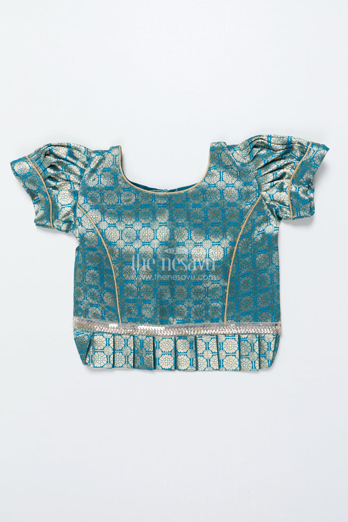 The Nesavu Pattu Pavadai Toddler Girl Tissue Silk Pattu Pavadai with Brocade Blouse and Golden Skirt Nesavu Nesavu toddler girl tissue silk pattu pavadai with brocade blouse for weddings and celebrations