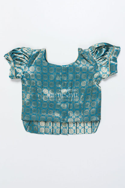 The Nesavu Pattu Pavadai Toddler Girl Tissue Silk Pattu Pavadai with Brocade Blouse and Golden Skirt Nesavu Nesavu toddler girl tissue silk pattu pavadai with brocade blouse for weddings and celebrations