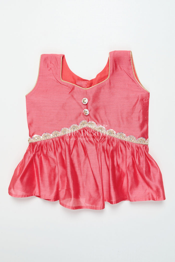 The Nesavu Pattu Pavadai Toddler Girl Traditional Pattu Pavadai with Chanderi Yoke for Cultural Events Nesavu Nesavu toddler girl pattu pavadai with chanderi yoke and semi Banaras silk skirt for cultural festivities
