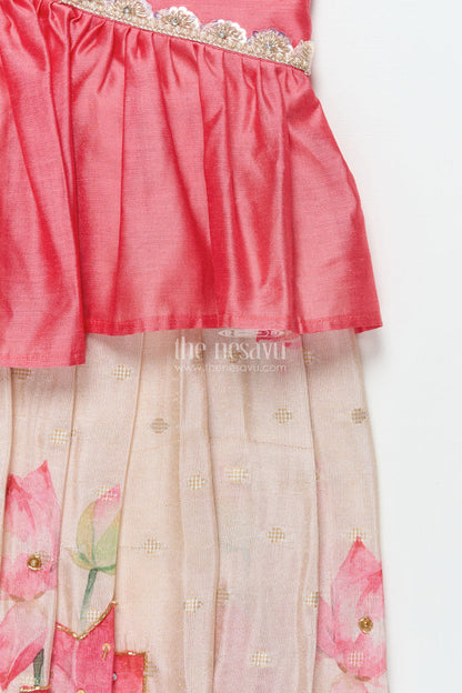 The Nesavu Pattu Pavadai Toddler Girl Traditional Pattu Pavadai with Chanderi Yoke for Cultural Events Nesavu Nesavu toddler girl pattu pavadai with chanderi yoke and semi Banaras silk skirt for cultural festivities