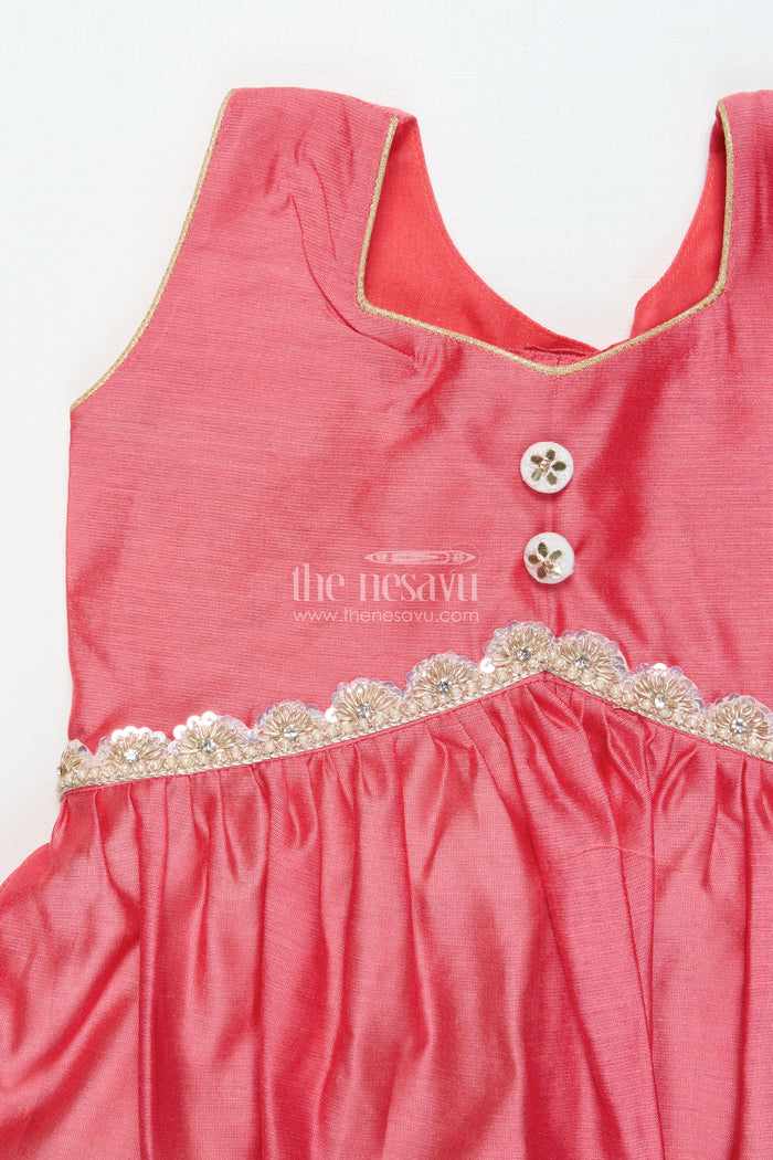 The Nesavu Pattu Pavadai Toddler Girl Traditional Pattu Pavadai with Chanderi Yoke for Cultural Events Nesavu Nesavu toddler girl pattu pavadai with chanderi yoke and semi Banaras silk skirt for cultural festivities