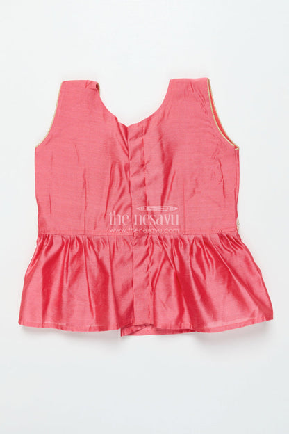The Nesavu Pattu Pavadai Toddler Girl Traditional Pattu Pavadai with Chanderi Yoke for Cultural Events Nesavu Nesavu toddler girl pattu pavadai with chanderi yoke and semi Banaras silk skirt for cultural festivities