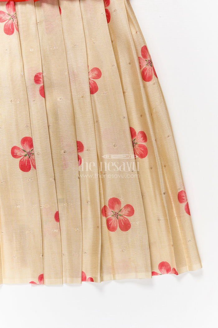 The Nesavu Pattu Pavadai Toddler Girl Traditional Pavadai Set for Special Ethnic Occasions Nesavu Nesavu toddler girl traditional pavadai set with digital print skirt and puff sleeve blouse