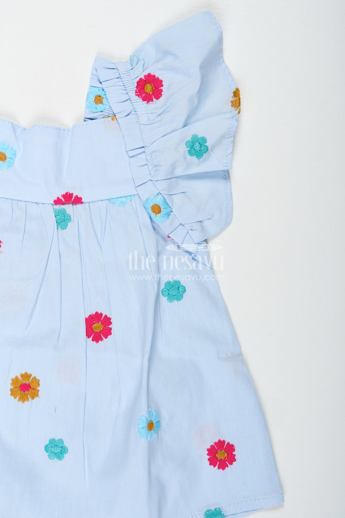 The Nesavu Girls Cotton Frock Top and Shorts Set for Baby Girls with Pompom Detail Nesavu Nesavu Baby Girl Sky Blue Cotton Pom-Pom Top Shorts Set Embroidery Playful Summer Style