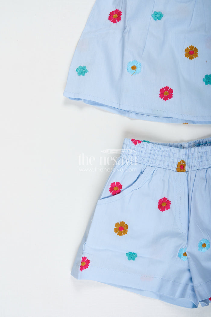 The Nesavu Girls Cotton Frock Top and Shorts Set for Baby Girls with Pompom Detail Nesavu Nesavu Baby Girl Sky Blue Cotton Pom-Pom Top Shorts Set Embroidery Playful Summer Style