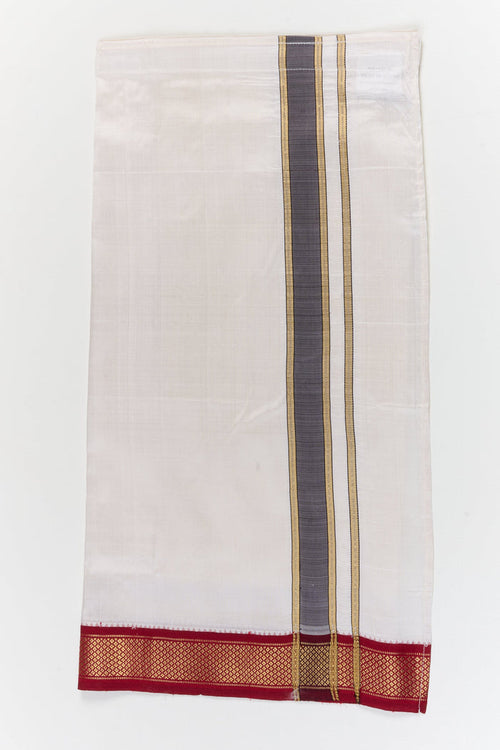 The Nesavu Pure Silk Vesti Traditional Baby Boys Dhoti in Pure Silk with Maroon Zari Border Nesavu 20 (3Y) / White / Pure Silk D068A-20 Nesavu baby boys silk dhoti with zari border for naming ceremonies and festive functions