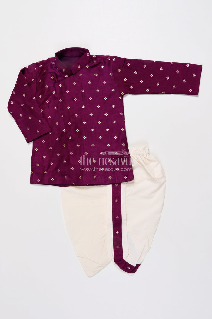 The Nesavu Boys Dothi Set Traditional Boys Dhoti Kurta Set for Festive Occasions and Temple Ceremonies Nesavu 14 (6M) / Purple BES771B-14 Nesavu boys festive silk blend dhoti kurta set zari butta cultural events rituals