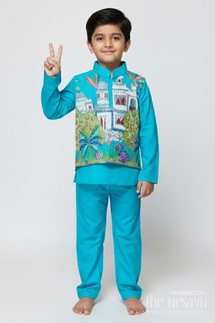 The Nesavu Boys Jacket Sets Traditional Boys Jacket Kurta Set with Embroidered Jacket for Poojas and Celebrations Nesavu 16 (1Y) / Blue BES847B-16 Nesavu boys festive jacket set with embroidered Nehru jacket for traditional poojas and family gatherings