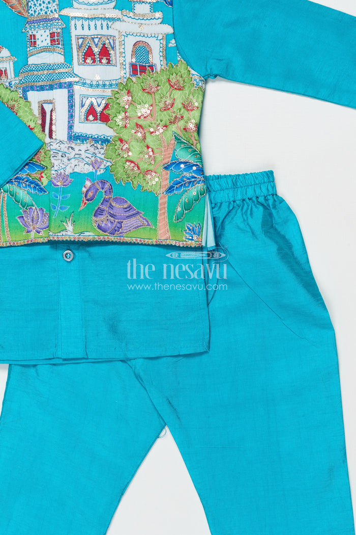 The Nesavu Boys Jacket Sets Traditional Boys Jacket Kurta Set with Embroidered Jacket for Poojas and Celebrations Nesavu Nesavu boys festive jacket set with embroidered Nehru jacket for traditional poojas and family gatherings