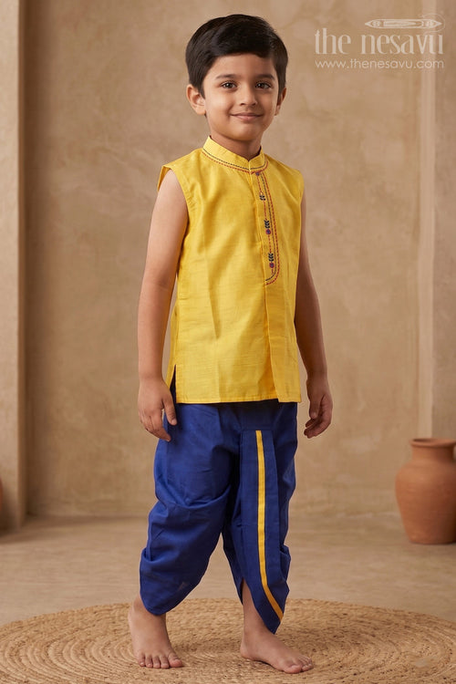 The Nesavu Boys Dothi Set Traditional Boys Yellow Kurta with Navy Blue Dhoti Setethnic Panchagajam Ensemble Nesavu 12 (3M) / Yellow / Dupion BES473B-12 Boys Ethnic Yellow Kurta & Navy Dhoti Set | The Nesavu