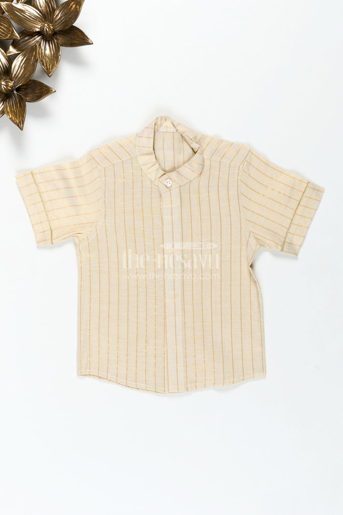 The Nesavu Boys Silk Shirt Traditional Cotton Shirt for Boys in Beige Silk Blend with Striped Gold Thread Weaving and Mandarin Collar Nesavu 16 (1Y) / Cream BS295A-16 Nesavu Boys Traditional Cotton Shirt Silk Blend Gold Stripes Mandarin Collar Design