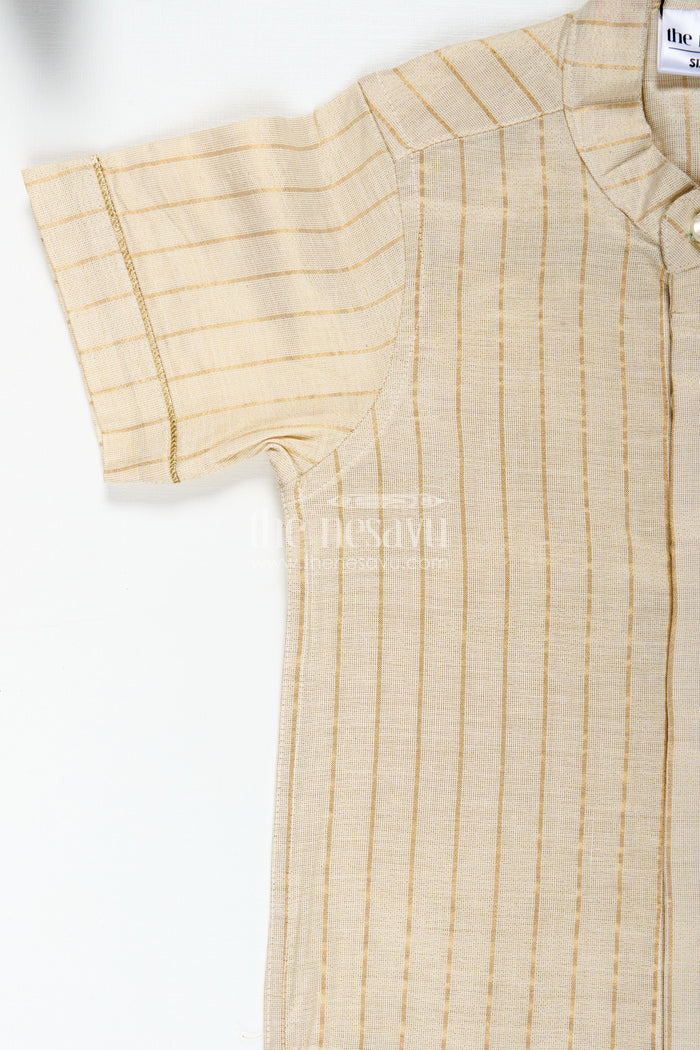 The Nesavu Boys Silk Shirt Traditional Cotton Shirt for Boys in Beige Silk Blend with Striped Gold Thread Weaving and Mandarin Collar Nesavu Nesavu Boys Traditional Cotton Shirt Silk Blend Gold Stripes Mandarin Collar Design