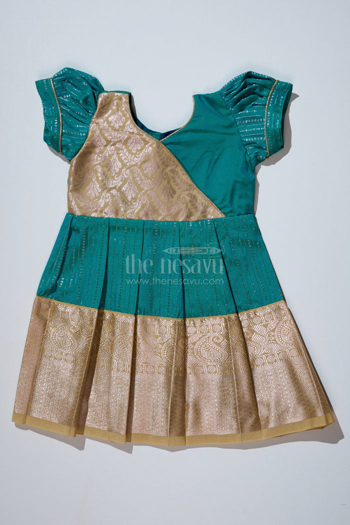 The Nesavu Girls Kanchi Silk Frock Traditional Dark Green Silk Dress for Girls with Kanchipuram Inspired Fabric and Gold Zari Border Nesavu 14 (6M) / Green / Style 1 SF823BA-14 Dark Green Silk Dress Girls Kanchipuram Inspired Fabric Gold Zari Border | The Nesavu