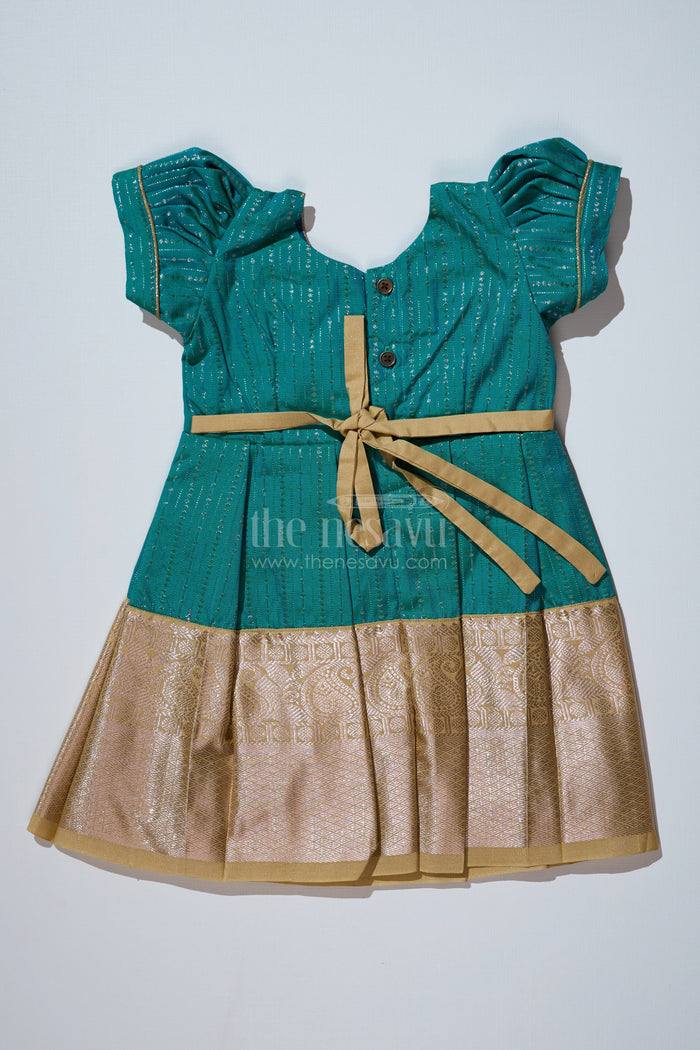 The Nesavu Girls Kanchi Silk Frock Traditional Dark Green Silk Dress for Girls with Kanchipuram Inspired Fabric and Gold Zari Border Nesavu Dark Green Silk Dress Girls Kanchipuram Inspired Fabric Gold Zari Border | The Nesavu