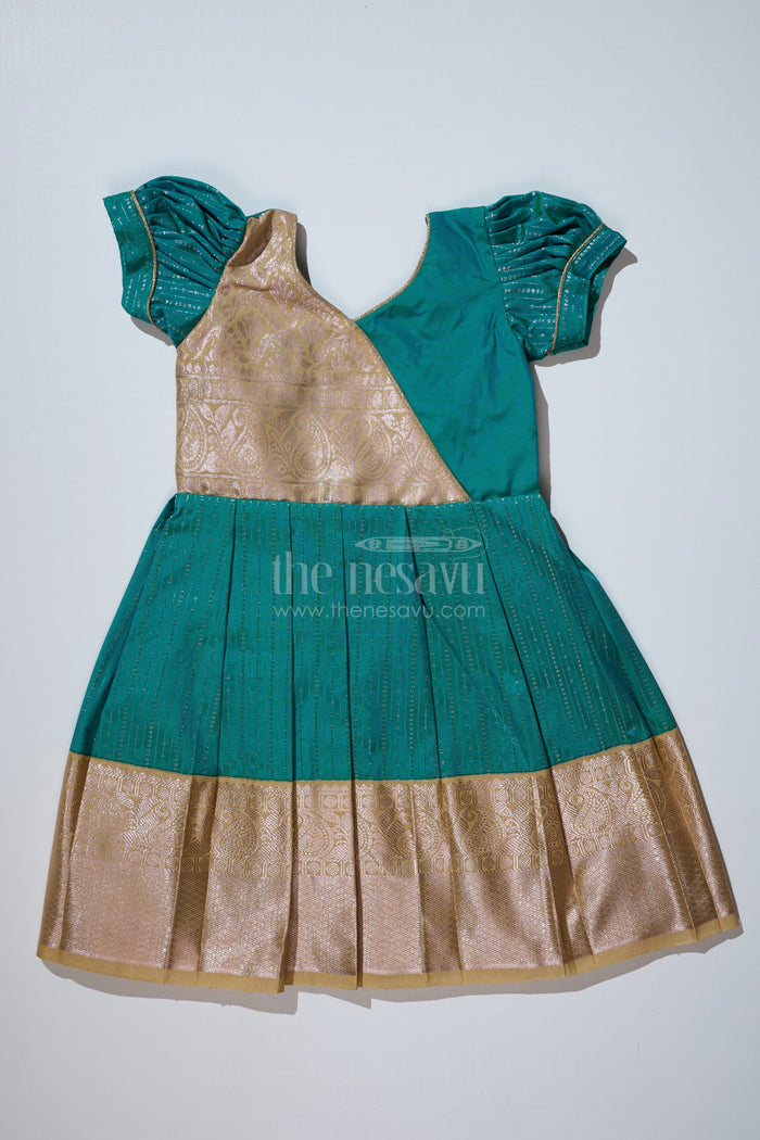 The Nesavu Girls Kanchi Silk Frock Traditional Dark Green Silk Dress for Girls with Kanchipuram Inspired Fabric and Gold Zari Border Nesavu 18 (2Y) / Green / Style 2 SF823BB-18 Dark Green Silk Dress Girls Kanchipuram Inspired Fabric Gold Zari Border | The Nesavu