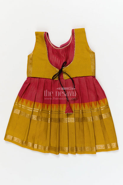 The Nesavu Girls Kanchi Silk Frock Traditional Frock for Toddler Girls Inspired by Kanchipuram Silk Sarees Nesavu 10 (NB) / Pink / style 5 KSF001AE-10 Nesavu traditional silk frock for toddler girls with Kanchipuram saree inspired design