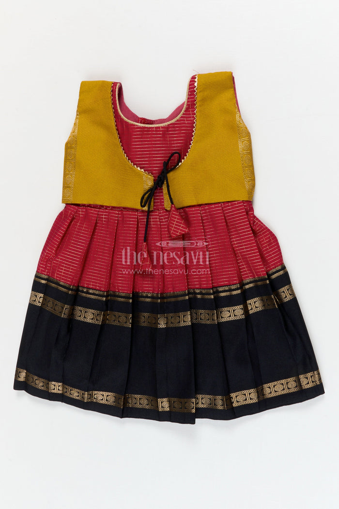 The Nesavu Girls Kanchi Silk Frock Traditional Frock for Toddler Girls Inspired by Kanchipuram Silk Sarees Nesavu 10 (NB) / Pink / style 6 KSF001AF-10 Nesavu traditional silk frock for toddler girls with Kanchipuram saree inspired design