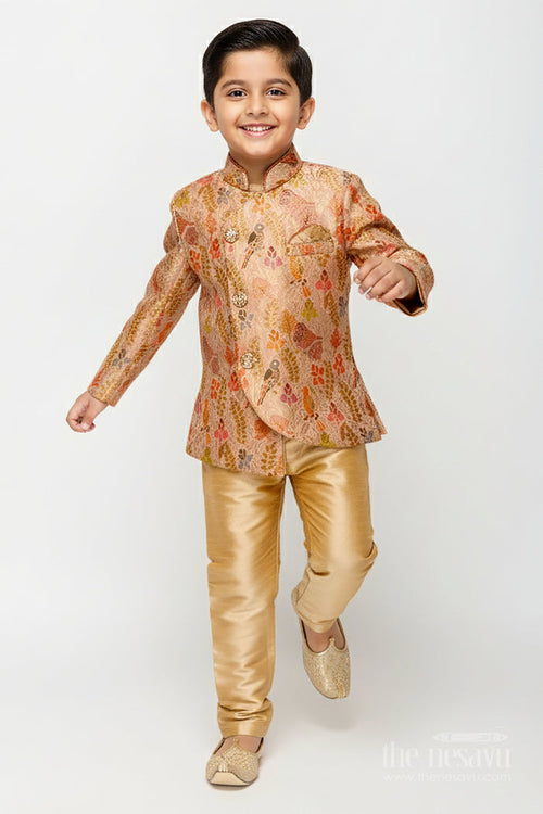 The Nesavu Boys Dothi Set Traditional Kurta Pajama Set for Boys with Bird and Floral Digital Print Nesavu 12 (3M) / Gold BES809A-12 Nesavu boys printed silk kurta pajama set birds floral design festive ethnic wear