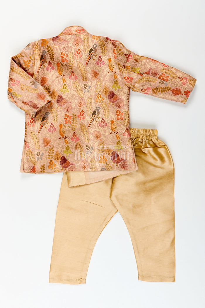 The Nesavu Boys Dothi Set Traditional kurta pajama set for boys with bird and floral digital print Nesavu Nesavu boys printed silk kurta pajama set birds floral design festive ethnic wear
