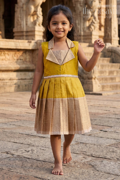 The Nesavu Girls Kanchi Silk Frock Traditional Silk Frock for Girls for Weddings and Milestone Occasions Nesavu 16 (1Y) / Yellow / Silk Blend SF992BB-16 Nesavu traditional silk frock for girls with pleated zari skirt and collar – ideal for weddings and birthdays