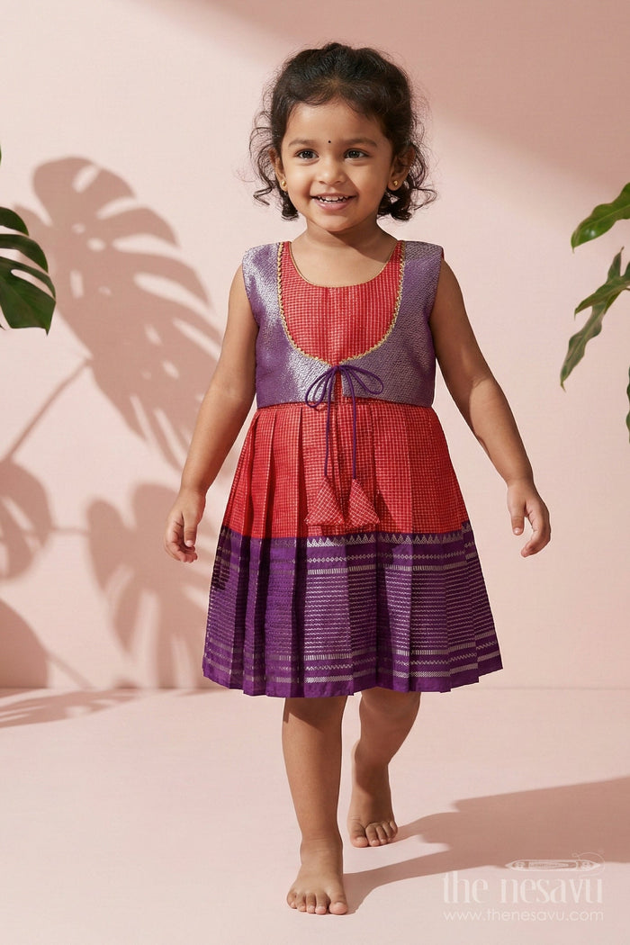 The Nesavu Girls Kanchi Silk Frock Traditional Silk Frock for Toddler Girls with Arani Saree Style Detailing Nesavu Nesavu toddler girl traditional silk frock inspired by Arani sarees for festive celebrations