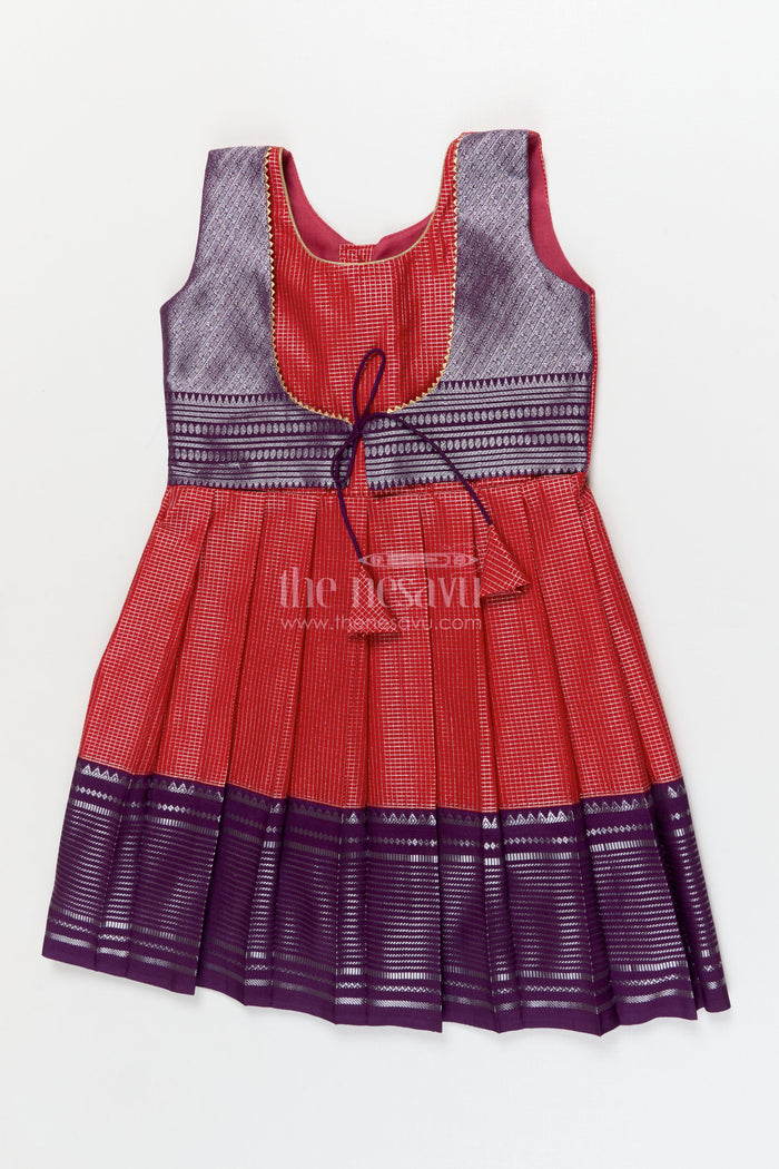 The Nesavu Girls Kanchi Silk Frock Traditional Silk Frock for Toddler Girls with Arani Saree Style Detailing Nesavu 10 (NB) / Orange / style 2 KSF002AB-10 Nesavu toddler girl traditional silk frock inspired by Arani sarees for festive celebrations