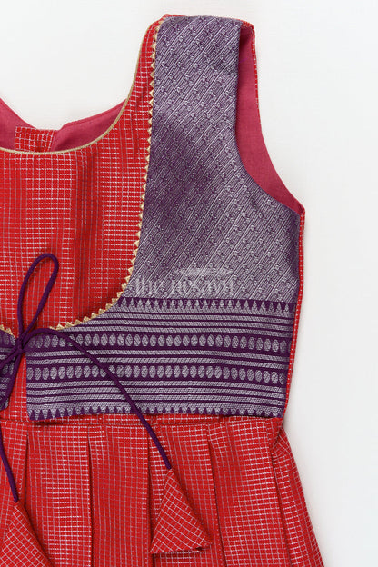 The Nesavu Girls Kanchi Silk Frock Traditional Silk Frock for Toddler Girls with Arani Saree Style Detailing Nesavu Nesavu toddler girl traditional silk frock inspired by Arani sarees for festive celebrations