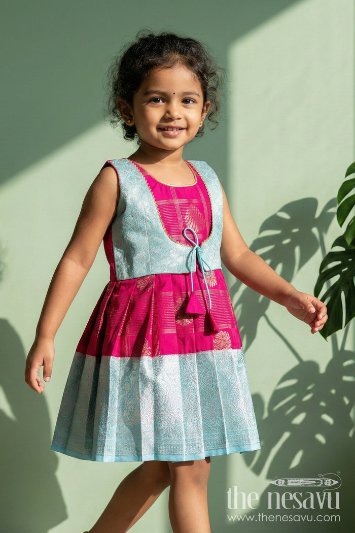 The Nesavu Girls Kanchi Silk Frock Traditional Silk Frock for Toddler Girls with Kanchivaram Inspired Zari Craftsmanship Nesavu 10 (NB) / Pink / style 1 KSF038CA-10 Nesavu toddler girl silk frock with Kanchivaram inspired zari pleats and festive jacquard yoke