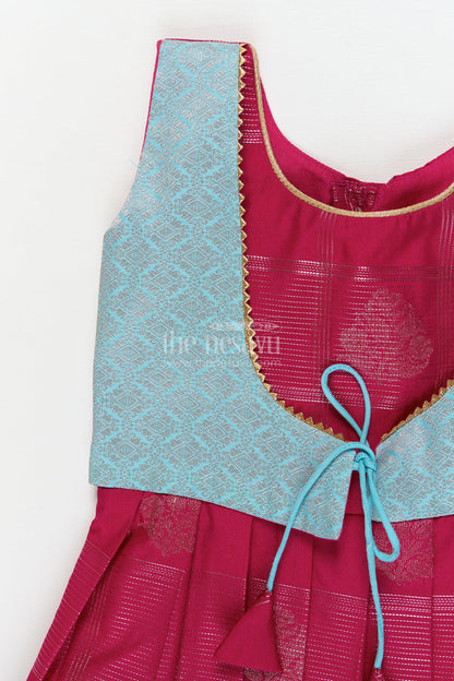 The Nesavu Girls Kanchi Silk Frock Traditional Silk Frock for Toddler Girls with Kanchivaram Inspired Zari Craftsmanship Nesavu Nesavu toddler girl silk frock with Kanchivaram inspired zari pleats and festive jacquard yoke