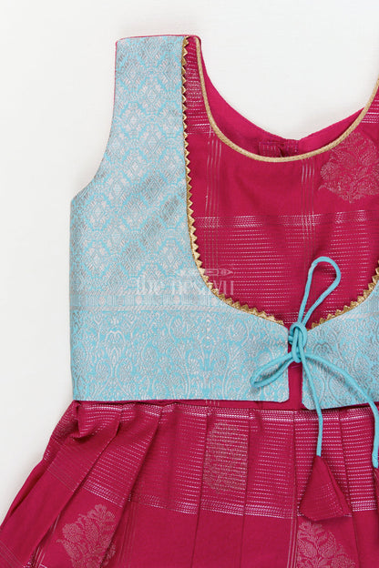The Nesavu Girls Kanchi Silk Frock Traditional Silk Frock for Toddler Girls with Kanchivaram Inspired Zari Craftsmanship Nesavu Nesavu toddler girl silk frock with Kanchivaram inspired zari pleats and festive jacquard yoke