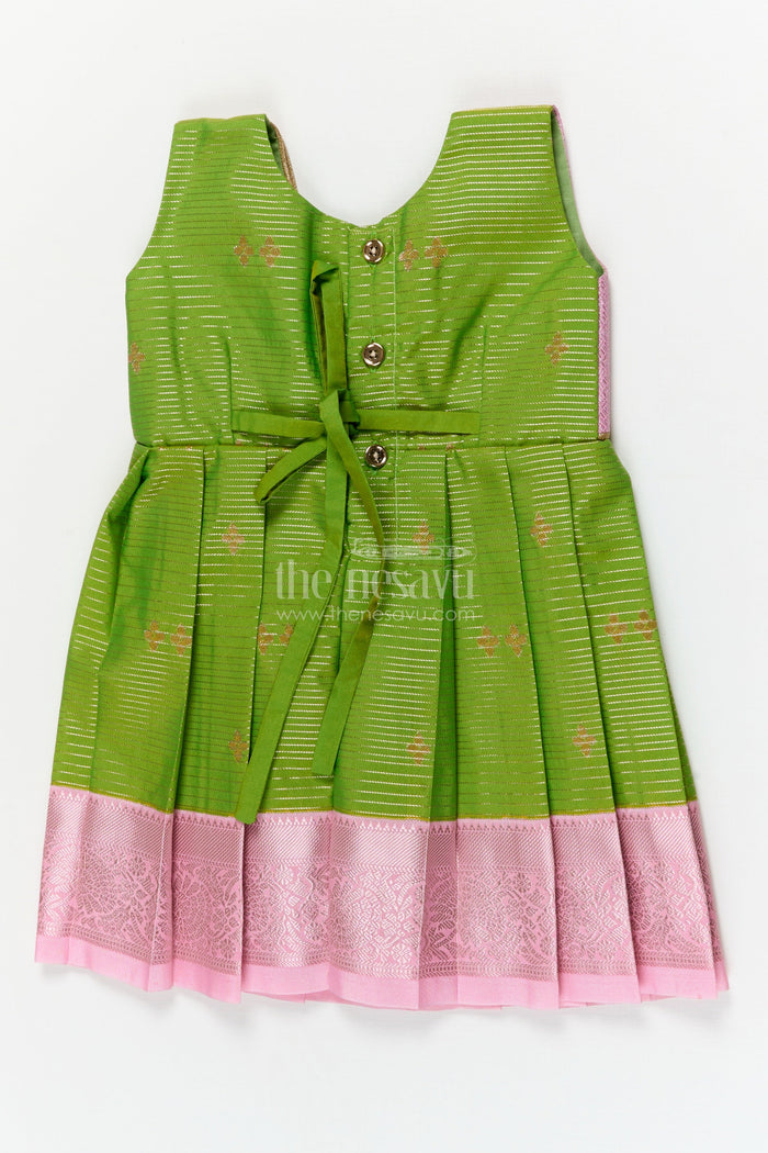 The Nesavu Girls Kanchi Silk Frock Traditional Silk Frock for Toddler Girls with Kanchivaram Saree Inspired Contrast Yoke Nesavu Nesavu toddler girl traditional silk frock with Kanchivaram saree inspired zari weave and contrast yoke