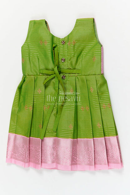 The Nesavu Girls Kanchi Silk Frock Traditional Silk Frock for Toddler Girls with Kanchivaram Saree Inspired Contrast Yoke Nesavu Nesavu toddler girl traditional silk frock with Kanchivaram saree inspired zari weave and contrast yoke