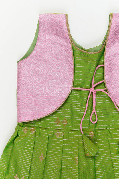 The Nesavu Girls Kanchi Silk Frock Traditional Silk Frock for Toddler Girls with Kanchivaram Saree Inspired Contrast Yoke Nesavu Nesavu toddler girl traditional silk frock with Kanchivaram saree inspired zari weave and contrast yoke