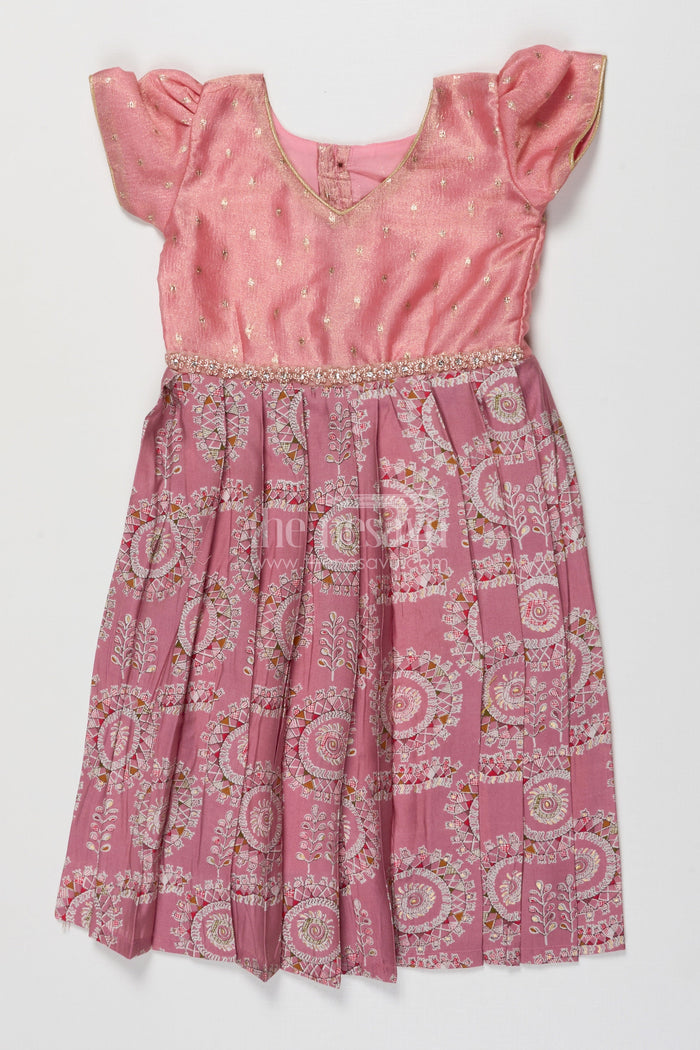 The Nesavu Girls Silk Gown Traditional Silk Gown for Girls for Weddings and Festive Events Nesavu 16 (1Y) / Pink GA387B-16 Nesavu girls traditional silk gown with mandala print and sequin belt for weddings and poojas