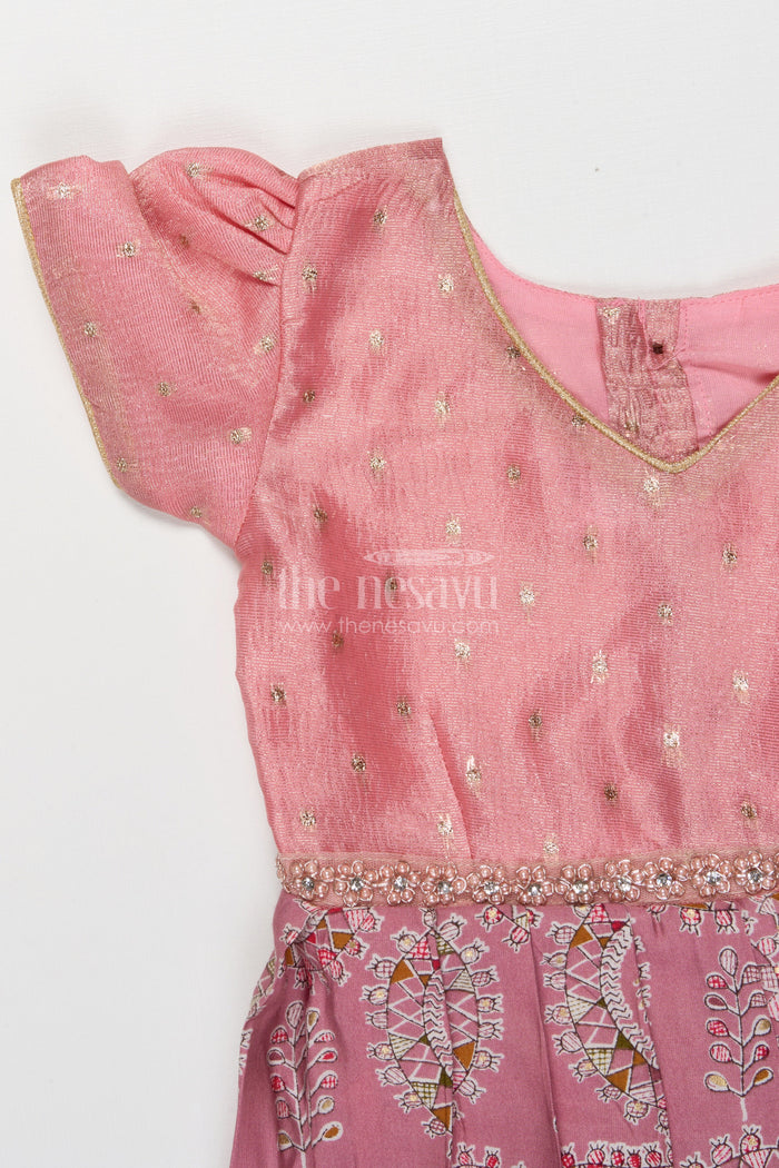 The Nesavu Girls Silk Gown Traditional Silk Gown for Girls for Weddings and Festive Events Nesavu Nesavu girls traditional silk gown with mandala print and sequin belt for weddings and poojas