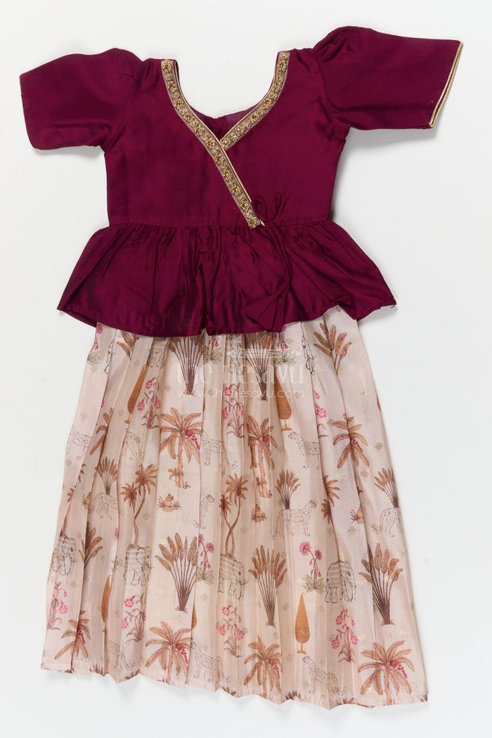 The Nesavu Pattu Pavadai Traditional Wrap-style Baby Pattu Pavadai for Festive Milestones Nesavu 18 (2Y) / Purple / Banarasi GPP363A-18 Nesavu wrap-style baby pattu pavadai with jungle print skirt for traditional festivities