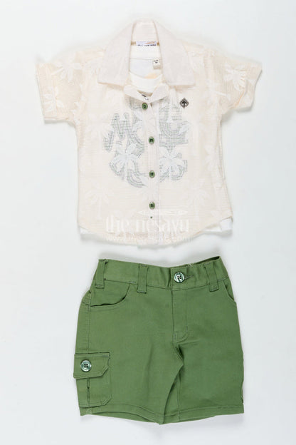 The Nesavu Boys Casual Set Trendy Cotton Boys Outfits with Embroidered Shirt and Graphic Tee in White and Green Combo Nesavu 14 (6M) / Green BCS275B-14 Nesavu Stylish Boys Green Shorts Set White Graphic Tee Embroidered Shirt boys outfits