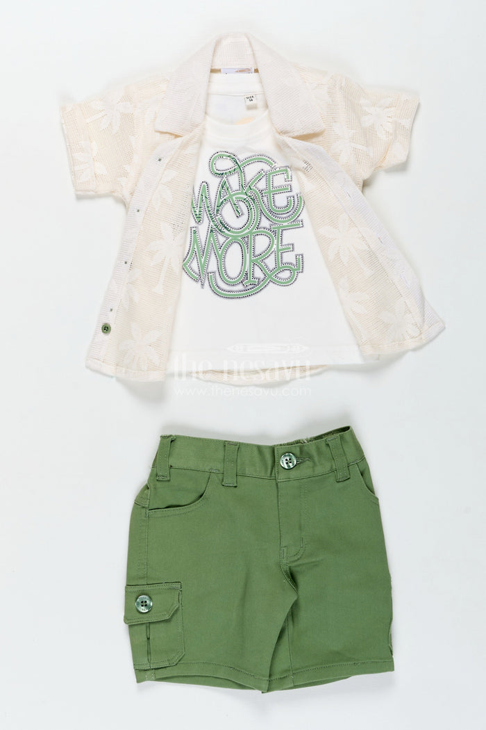 The Nesavu Boys Casual Set Trendy Cotton Boys Outfits with Embroidered Shirt and Graphic Tee in White and Green Combo Nesavu Nesavu Stylish Boys Green Shorts Set White Graphic Tee Embroidered Shirt boys outfits