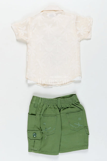 The Nesavu Boys Casual Set Trendy Cotton Boys Outfits with Embroidered Shirt and Graphic Tee in White and Green Combo Nesavu Nesavu Stylish Boys Green Shorts Set White Graphic Tee Embroidered Shirt boys outfits